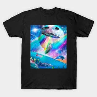 Cute Galaxy Dolphin UFO Abduction, Rainbow Space T-Shirt